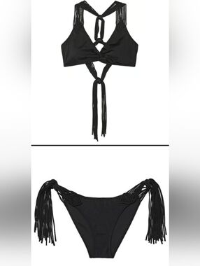 XXL VS Archives Swim Macrame Fringe Bralette Cheeky Bikini Set Black Tropical